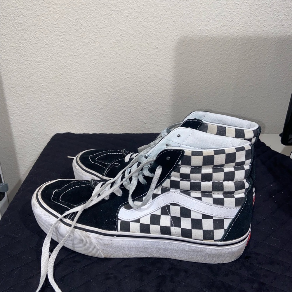 Vans Black and White Sk8-Hi Sneakers, Checkered, Trainers, Platform